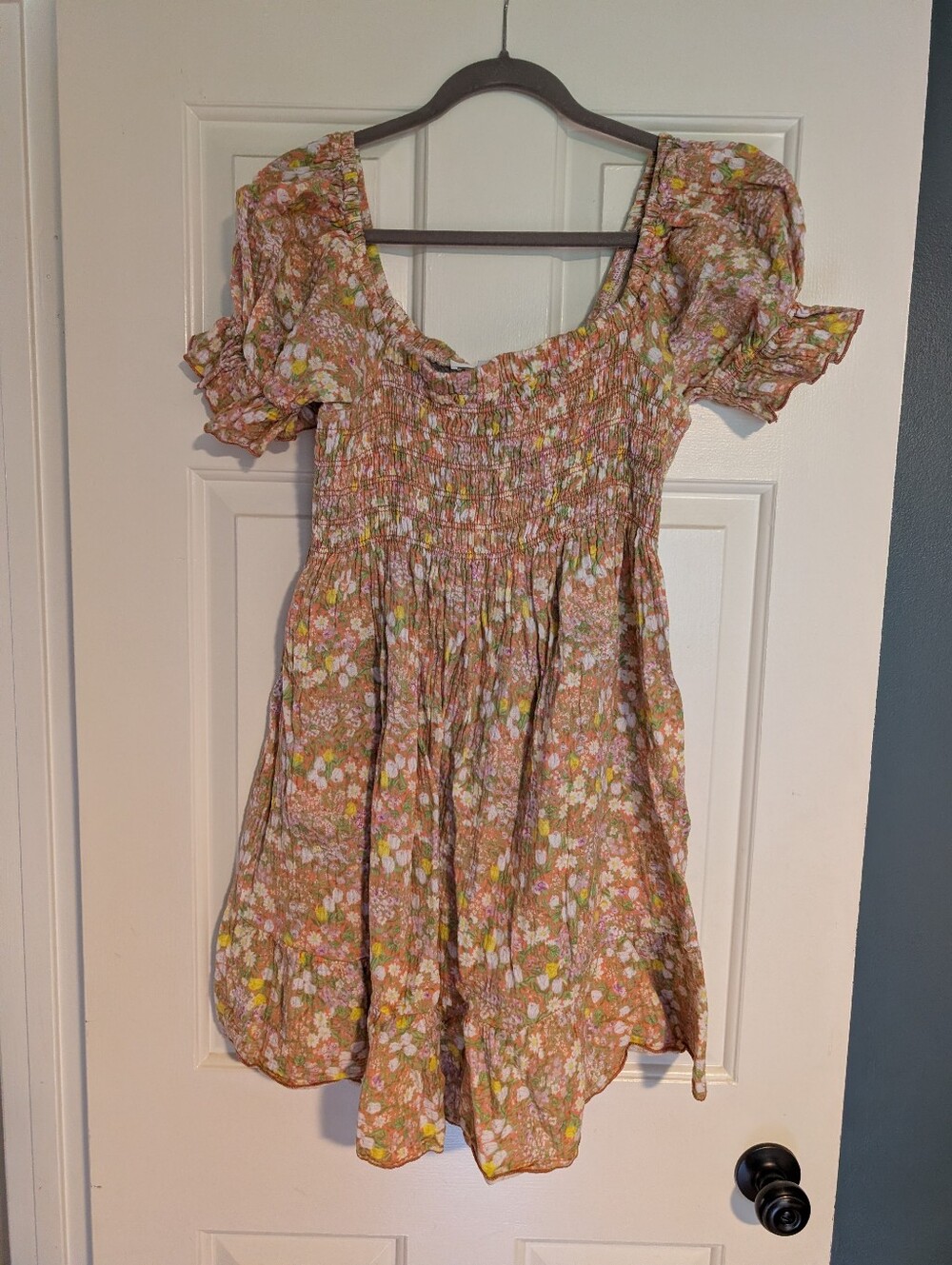 Smocked Floral Mini Dress in Peach and White